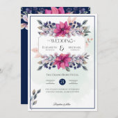 明るい赤紫色ピンクネイビーブルーフローラシック結婚 招待状 (正面/裏面)