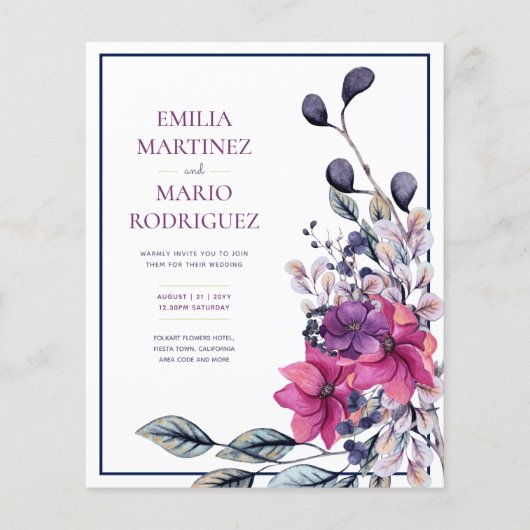 明るい赤紫色ピンクネイビーブルーフローラ結婚ズ (正面)