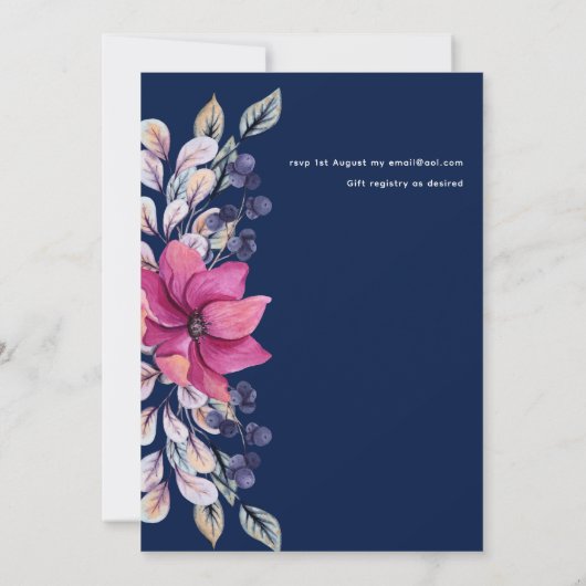 明るい赤紫色ピンクネイビーブルーフローラ結婚ズ 招待状 (裏面)