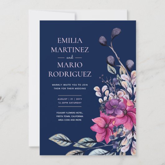 明るい赤紫色ピンクネイビー結婚ブルーフローラ予算 招待状 (正面)