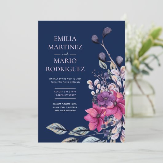 明るい赤紫色ピンクネイビー結婚ブルーフローラ予算 招待状 (スタンド正面)