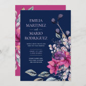 明るい赤紫色ピンクネイビー結婚ブルーフローラ予算 招待状 (正面/裏面)