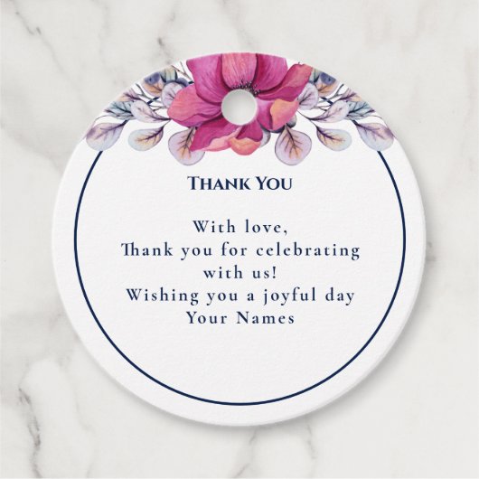 明るい赤紫色ピンクネイビー詳細エンクロージャQRコードRSVP フェイバータグ (正面)