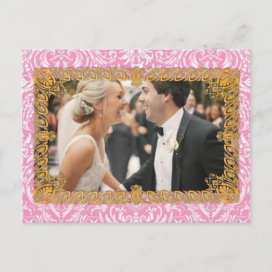明るい赤紫色ピンクビクトリアンヴィンテージダマスクフレーム ポストカード (正面)