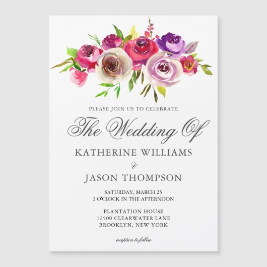 明るい赤紫色ピンクフローラエレガント春庭園の結婚式 マグネット招待状 (正面)