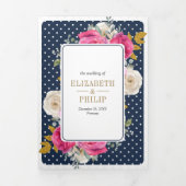 明るい赤紫色ピンクフローラオールインワンクレストネイビー結婚ズ 三つ折り招待状 (カバー)