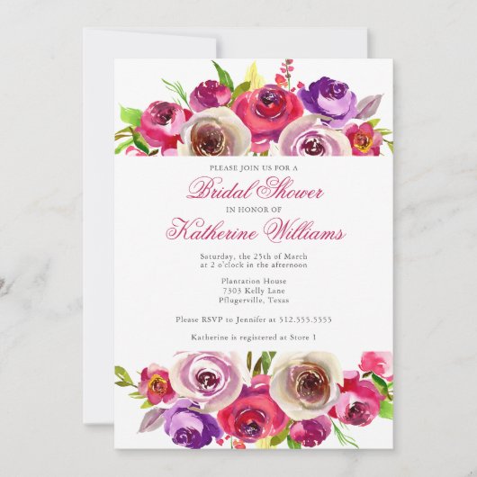 明るい赤紫色ピンクフローラガーデンアフタヌーンブライダルシャワー 招待状 (正面)