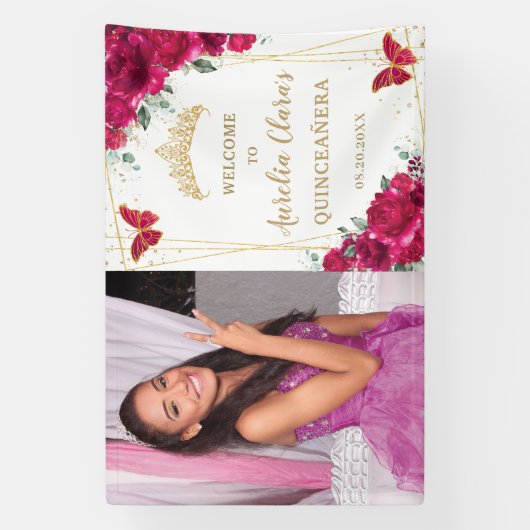 明るい赤紫色ピンクフローラキンセアニラウェルカムバックドロップ 横断幕 (縦)