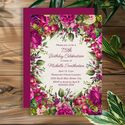 明るい赤紫色ピンクフローラグリーン葉誕生日75 招待状
