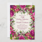 明るい赤紫色ピンクフローラグリーン葉誕生日75 招待状 (正面)