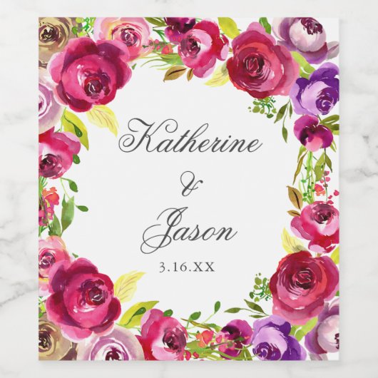 明るい赤紫色ピンクフローラシッパーソナライズされたク結婚ズ ワインラベル (シングルラベル)