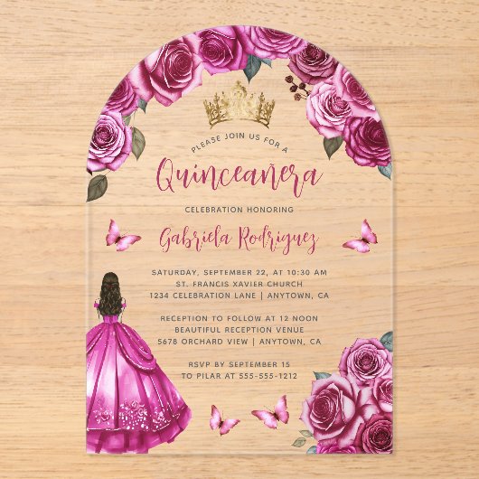 明るい赤紫色ピンクフローラバラウォーターカラーキンセアニラ アクリル招待状 (正面)