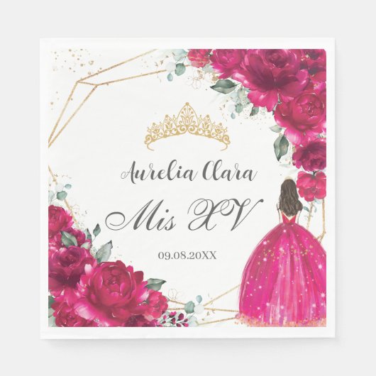 明るい赤紫色ピンクフローラプリンセスガウン金ゴールドキンセアニラ スタンダードランチョンナプキン (正面)