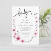 明るい赤紫色ピンクフローラリース書道ベビーシャワー 招待状 (スタンド正面)