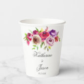 明るい赤紫色ピンクフローラロマンチックモダン庭園の結婚式 紙コップ (裏面)