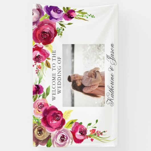 明るい赤紫色ピンクフローラロマンチック結婚写真の歓迎 横断幕 (縦)