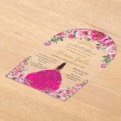 明るい赤紫色ピンクフローラ金ゴールドキンセアニェラXV Sweet 16 アクリル招待状 (レイダウン)