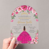 明るい赤紫色ピンクフローラ金ゴールドキンセアニェラXV Sweet 16 アクリル招待状 (インサイチュ (ポータブル))