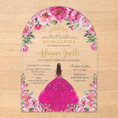 明るい赤紫色ピンクフローラ金ゴールドキンセアニェラXV Sweet 16 アクリル招待状 (正面)