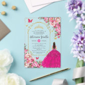明るい赤紫色ピンクフローラ金ゴールドキンセアニラスウィート16 XV アクリル招待状 (インサイチュ (ウェディング))