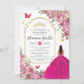 明るい赤紫色ピンクフローラ金ゴールドキンセアニラスウィート16 XV 招待状 (正面)