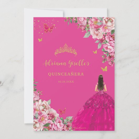 明るい赤紫色ピンクフローラ金ゴールドキンセアニラスウィート16 XV 招待状 (裏面)