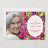 明るい赤紫色ピンクフローラ75誕生日写真 招待状 (正面)