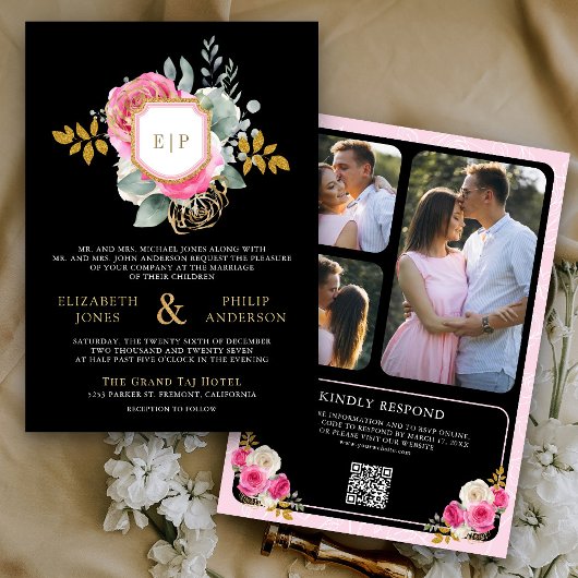 明るい赤紫色ピンクフローラQRコードブラッククレスト結婚ズ 招待状