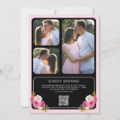 明るい赤紫色ピンクフローラQRコードブラッククレスト結婚ズ 招待状 (裏面)