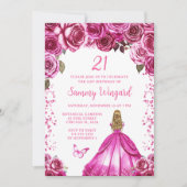 明るい赤紫色ピンクブロンドヘアプリンセス誕生日パーティー 招待状 (正面)