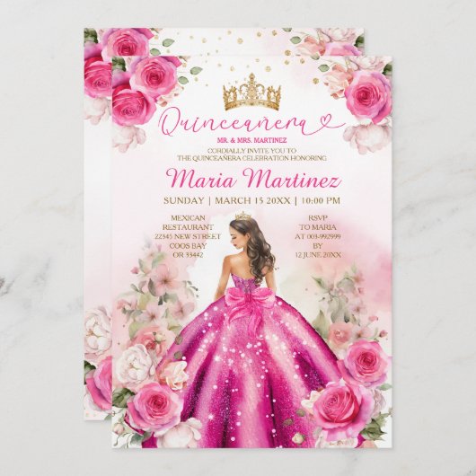 明るい赤紫色ピンクプリンセスフローラ金ゴールドキンセアニラ 招待状 (正面/裏面)