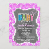 明るい赤紫色ピンクペイズリー;フローラ 招待状 (正面/裏面)