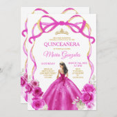 明るい赤紫色ピンクボウプリンセス金ゴールドクラウンキンセアニラ 招待状 (正面/裏面)