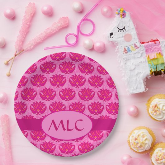 明るい赤紫色ピンクモダンアールヌーボーダマスクモノグラム ペーパープレート (パーティー)