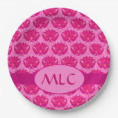 明るい赤紫色ピンクモダンアールヌーボーダマスクモノグラム ペーパープレート (正面)