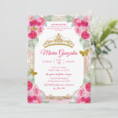 明るい赤紫色ピンクローズ&バタフライミスクィンス 招待状 (スタンド正面)