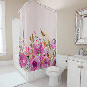 明るい赤紫色ピンクローゼズアンド金ゴールド葉アート シャワーカーテン (インサイチュ)