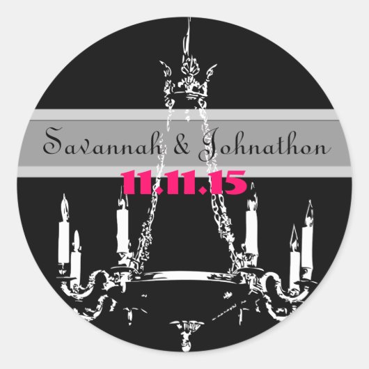 明るい赤紫色ピンクヴィンテージシャンデリア結婚式用シール ラウンドシール (正面)