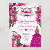 明るい赤紫色ピンク女性のカーボーイウエスタンチャロキンセアニェラ 招待状 (正面/裏面)