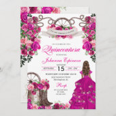 明るい赤紫色ピンク女性のカーボーイウエスタンチャロキンセアニェラ 招待状 (正面/裏面)