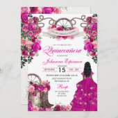 明るい赤紫色ピンク女性のカーボーイウエスタンチャロキンセアニェラ 招待状 (正面/裏面)