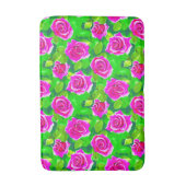 明るい赤紫色ピンク水色バラパターン バスマット (正面縦)