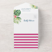 明るい赤紫色ピンク熱帯ベビーシャワーおむつラッフル オールインワン招待状 (外側)