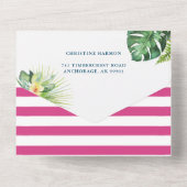 明るい赤紫色ピンク熱帯ベビーシャワーおむつラッフル オールインワン招待状 (裏面)