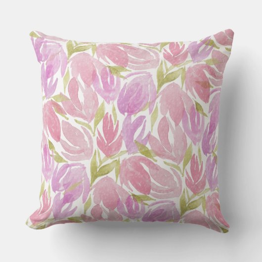 明るい赤紫色ピンク紫の水彩花のパターン クッション (正面)