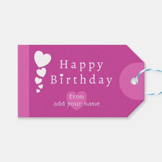明るい赤紫色ピンク誕生日ハートギフトラベル ギフトタグ (正面(横))