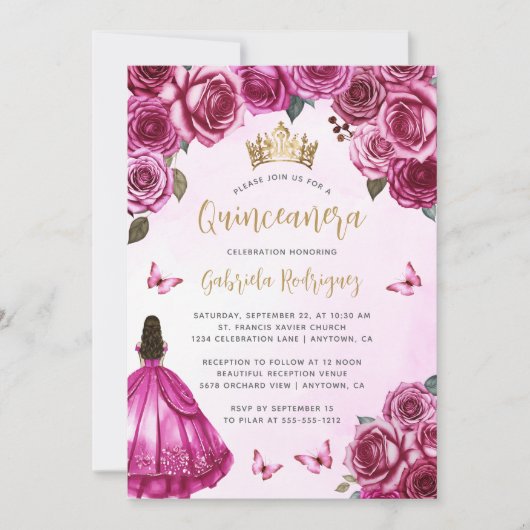 明るい赤紫色ピンク金ゴールドフローラウォーターカラーキンセアニラ 招待状 (正面)