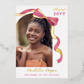 明るい赤紫色ピンク金ゴールド弓アーチフォトフォイル卒業 箔招待状 (正面)