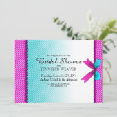 明るい赤紫色ピンク&アクアティール（緑がかった色）ネオンドット、ボウ、リボン 招待状 (スタンド正面)