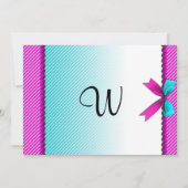 明るい赤紫色ピンク&アクアティール（緑がかった色）ネオンドット、ボウ、リボン 招待状 (裏面)